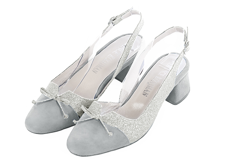 Pearl grey and light silver women's open back shoes, with a knot. Round toe. Low flare heels. Front view - Florence KOOIJMAN
